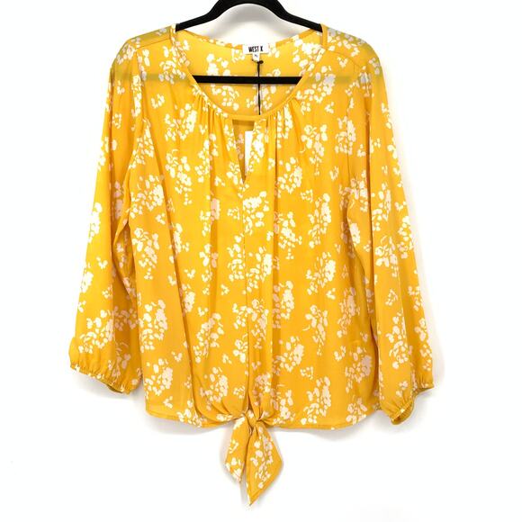 West K Tops - West K Tie Front Keyhole Neck Blouse Womens Sz XL Yellow White Floral Print NEW